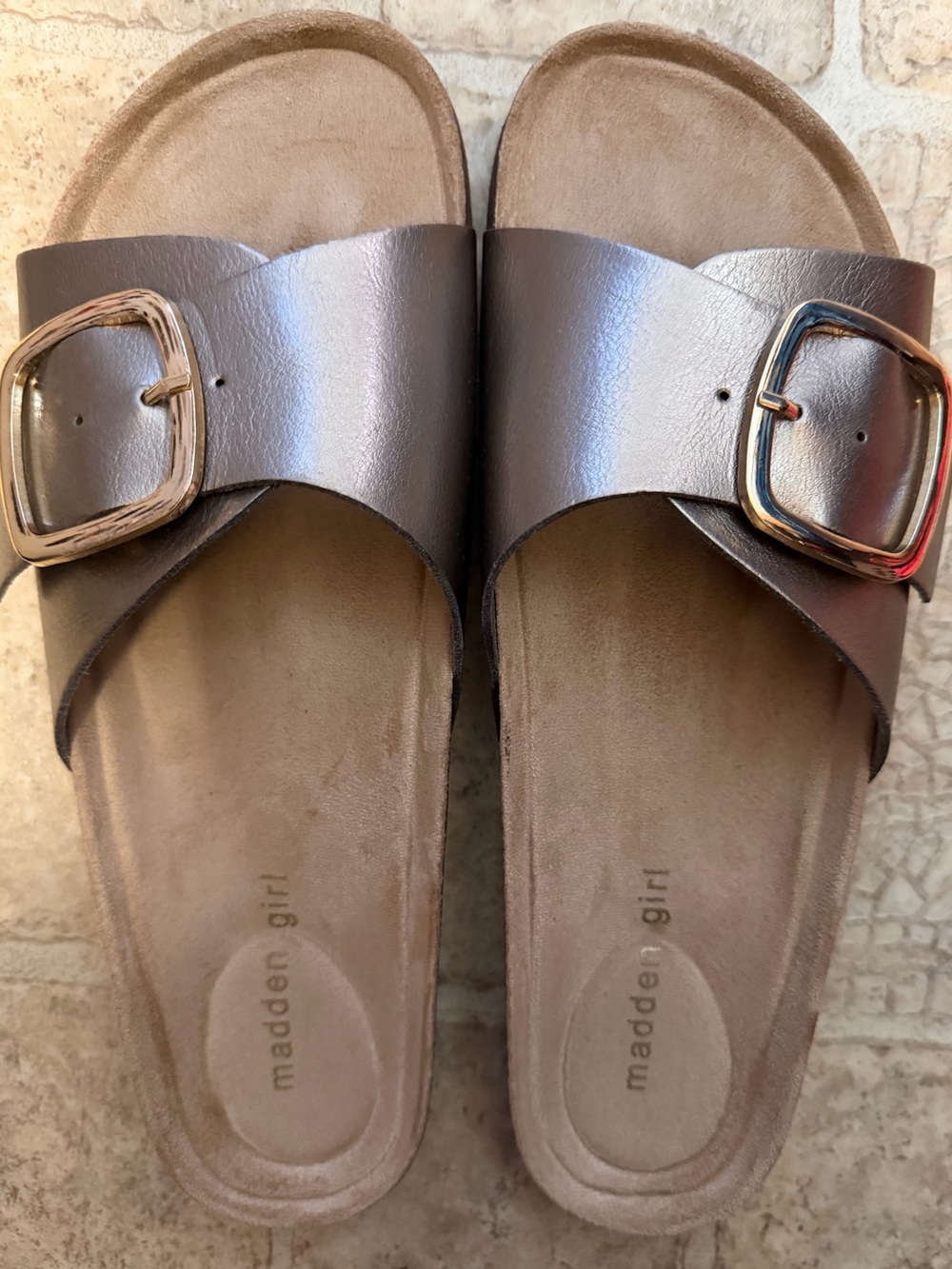 Madden Girl Bronze Metallic Slide Sandals with Gold Buckle